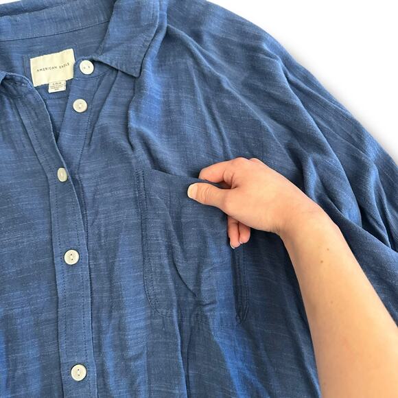 American Eagle Oversized Gauze Button-Up Shirt Women’s Large Blue Cotton Modal - Picture 5 of 11